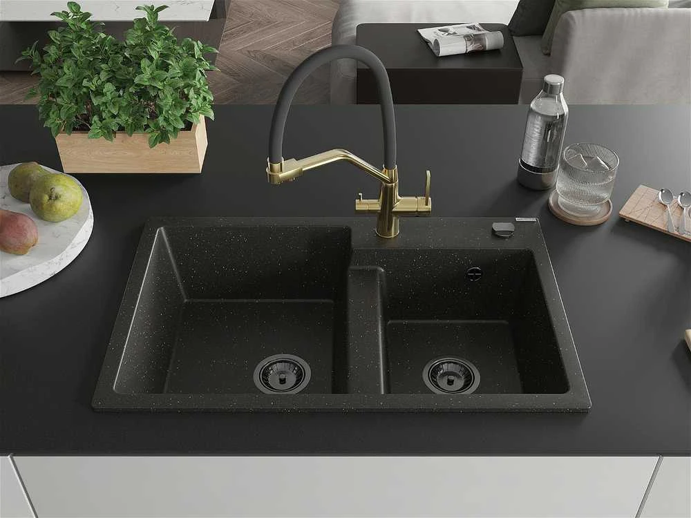 Granitinė virtuvinė plautuvė Mexen Tomas su maišytuvu ir sifonu, Metallic juodas/auksinis+Juodas/Gold