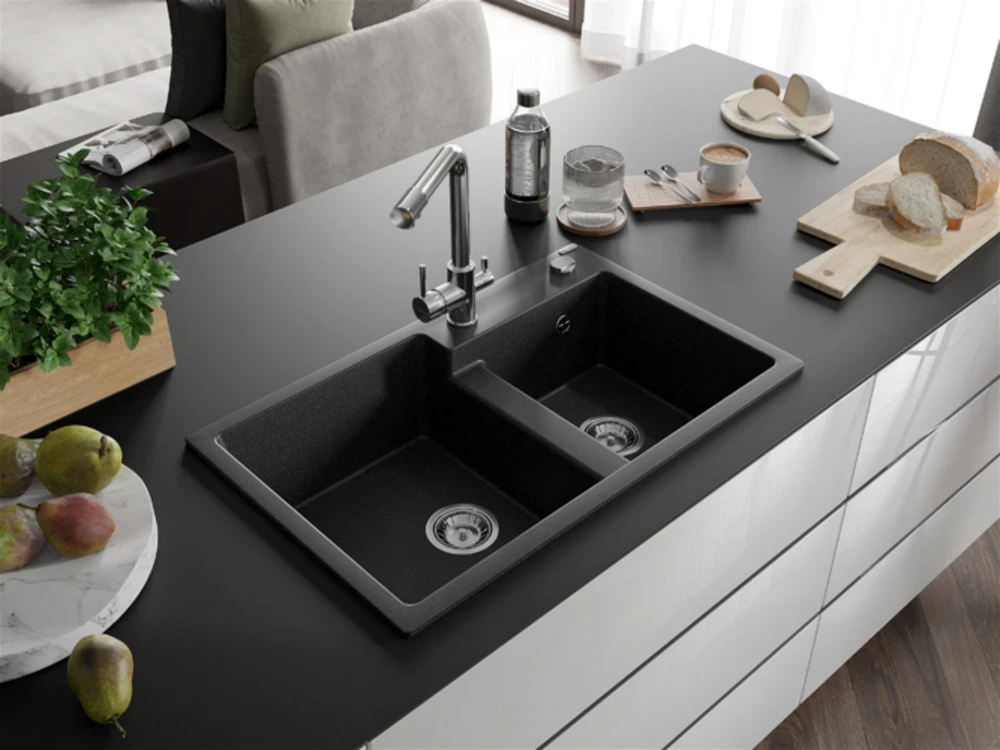 Granitinė virtuvinė plautuvė Mexen Tomas su maišytuvu ir sifonu, Juodas granite+Chrome