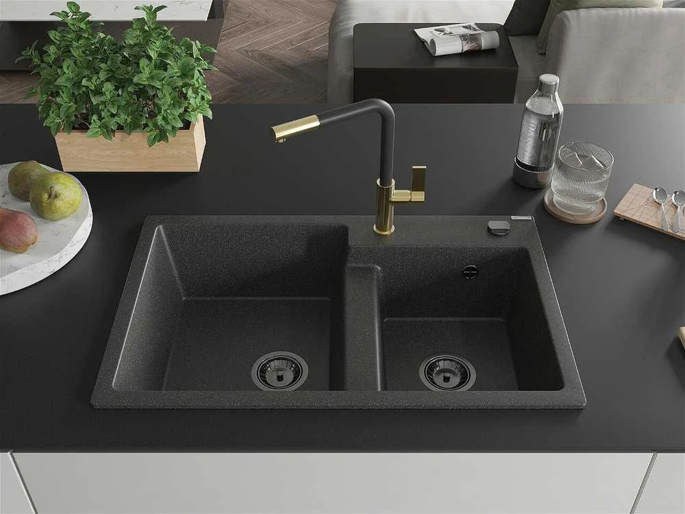 Granitinė virtuvinė plautuvė Mexen Tomas su maišytuvu ir sifonu, Juodas granite+Juodas/Gold