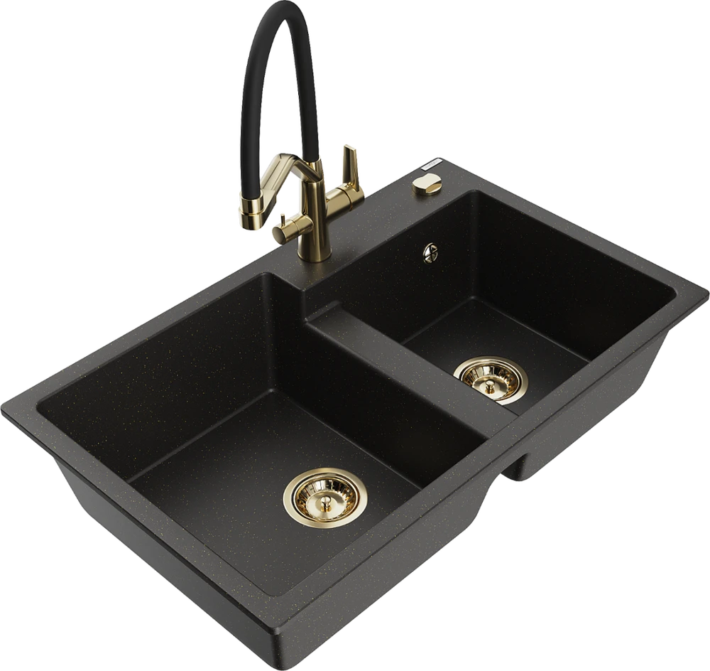 Granitinė virtuvinė plautuvė Mexen Tomas su maišytuvu ir sifonu, Metallic juodas/auksinis+Juodas/Gold