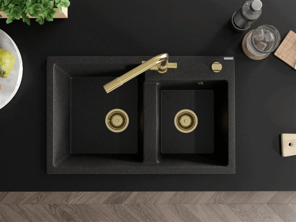 Granitinė virtuvinė plautuvė Mexen Tomas su maišytuvu ir sifonu, Juodas granite+Gold