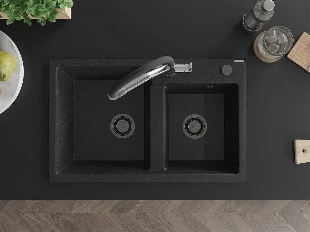 Granitinė virtuvinė plautuvė Mexen Tomas su maišytuvu ir sifonu, Metallic juodas/sidabrinis+Juodas/Chrome
