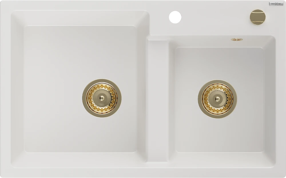Granitinė virtuvinė plautuvė Mexen Tomas su sifonu, Baltas+Gold, 800 x 500 mm