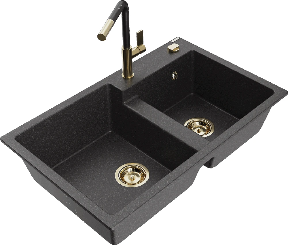 Granitinė virtuvinė plautuvė Mexen Tomas su maišytuvu ir sifonu, Juodas granite+Juodas/Gold