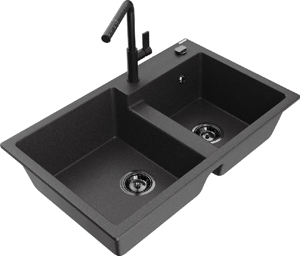 Granitinė virtuvinė plautuvė Mexen Tomas su maišytuvu ir sifonu, Juodas granite+Juodas