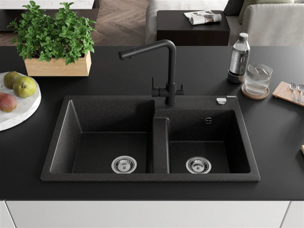 Granitinė virtuvinė plautuvė Mexen Tomas su maišytuvu ir sifonu, Juodas granite+Juodas