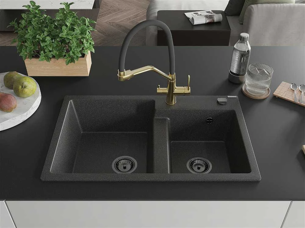 Granitinė virtuvinė plautuvė Mexen Tomas su maišytuvu ir sifonu, Juodas granite+Juodas/Gold