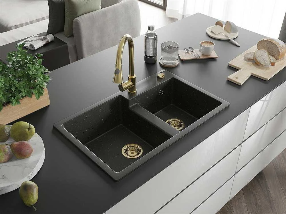 Granitinė virtuvinė plautuvė Mexen Tomas su maišytuvu ir sifonu, Metallic juodas/auksinis+Gold