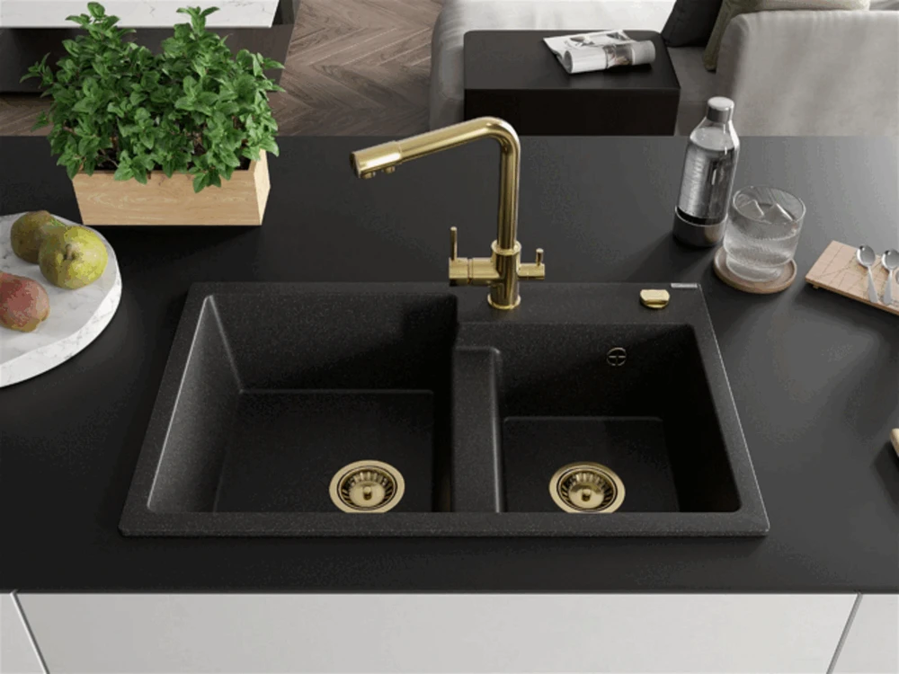 Granitinė virtuvinė plautuvė Mexen Tomas su maišytuvu ir sifonu, Juodas granite+Gold