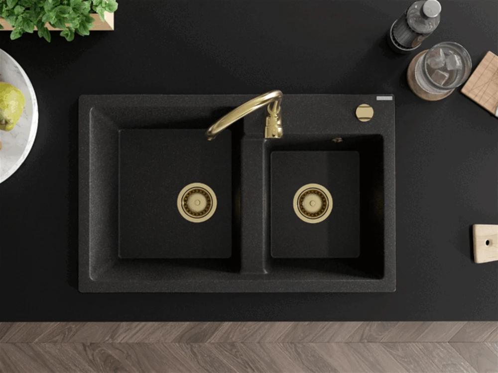 Granitinė virtuvinė plautuvė Mexen Tomas su maišytuvu ir sifonu, Juodas granite+Gold