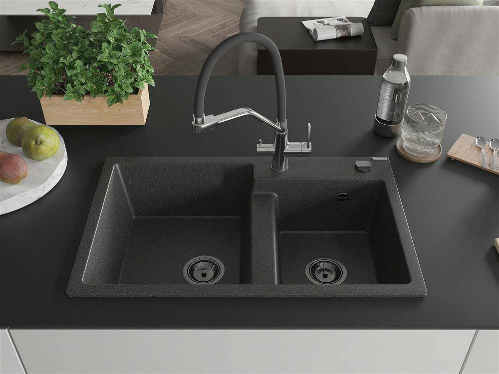Granitinė virtuvinė plautuvė Mexen Tomas su maišytuvu ir sifonu, Juodas granite+Juodas/Chrome