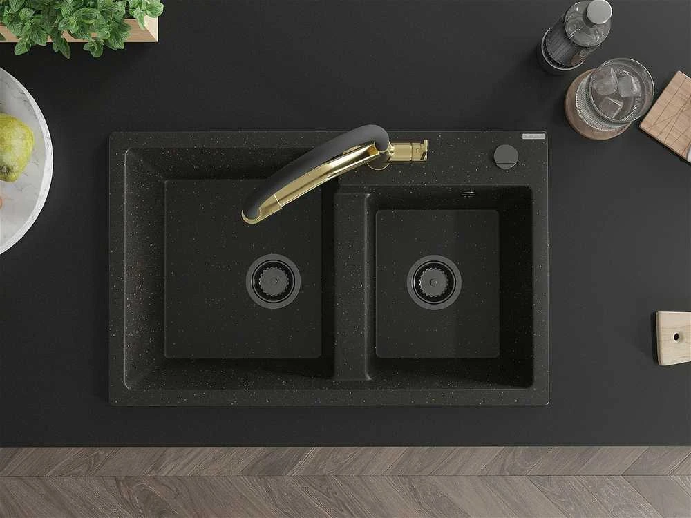 Granitinė virtuvinė plautuvė Mexen Tomas su maišytuvu ir sifonu, Metallic juodas/auksinis+Juodas/Gold