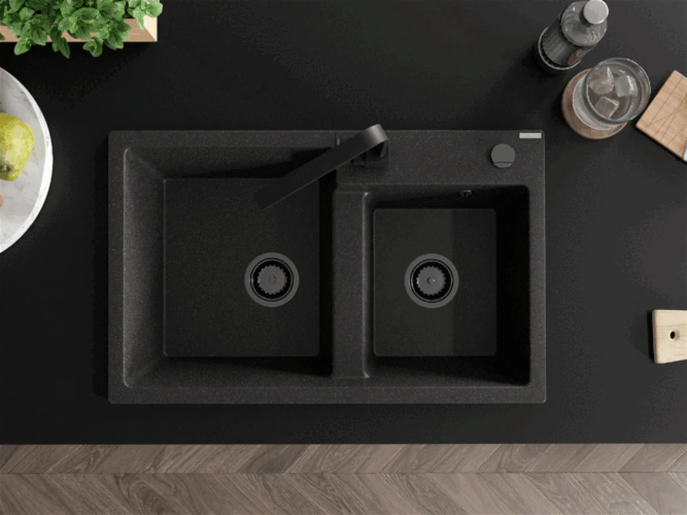 Granitinė virtuvinė plautuvė Mexen Tomas su maišytuvu ir sifonu, Juodas granite+Juodas(B)