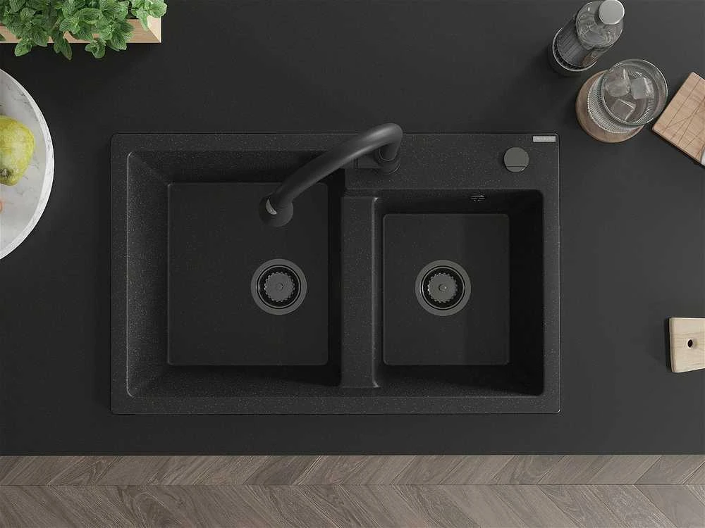 Granitinė virtuvinė plautuvė Mexen Tomas su maišytuvu ir sifonu, Metallic juodas/sidabrinis+Juodas