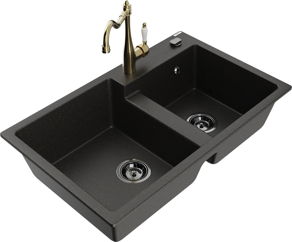 Granitinė virtuvinė plautuvė Mexen Tomas su maišytuvu ir sifonu, Metallic juodas/auksinis+Gold