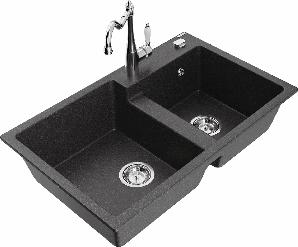 Granitinė virtuvinė plautuvė Mexen Tomas su maišytuvu ir sifonu, Juodas granite+Chrome