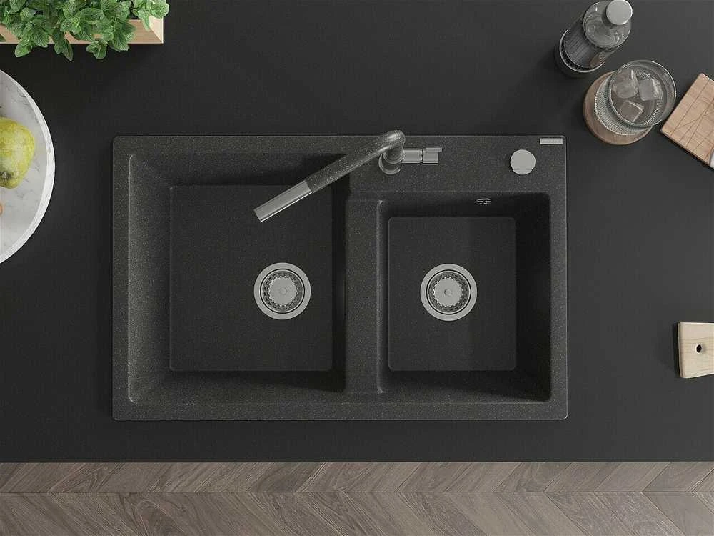 Granitinė virtuvinė plautuvė Mexen Tomas su maišytuvu ir sifonu, Juodas granite+Juodas granite/Chrome