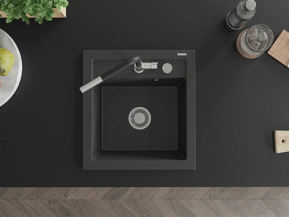 Granitinė virtuvinė plautuvė Mexen Vito su maišytuvu ir sifonu, Juodas granite+Juodas/Chrome