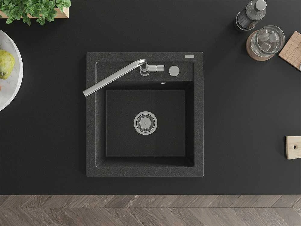 Granitinė virtuvinė plautuvė Mexen Vito su maišytuvu ir sifonu, Juodas granite+Chrome