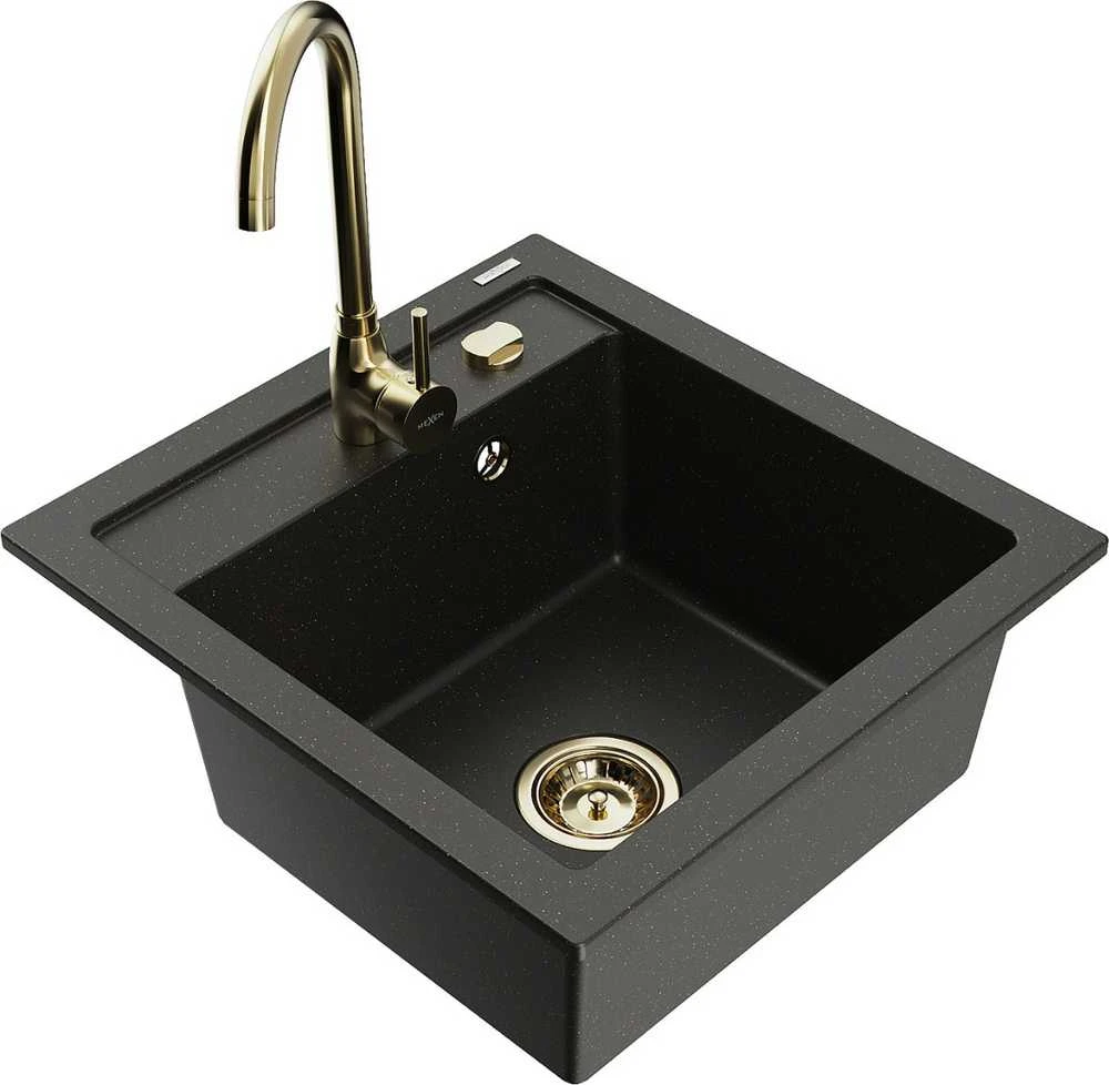 Granitinė virtuvinė plautuvė Mexen Vito su maišytuvu ir sifonu, Metallic juodas/auksinis+Gold