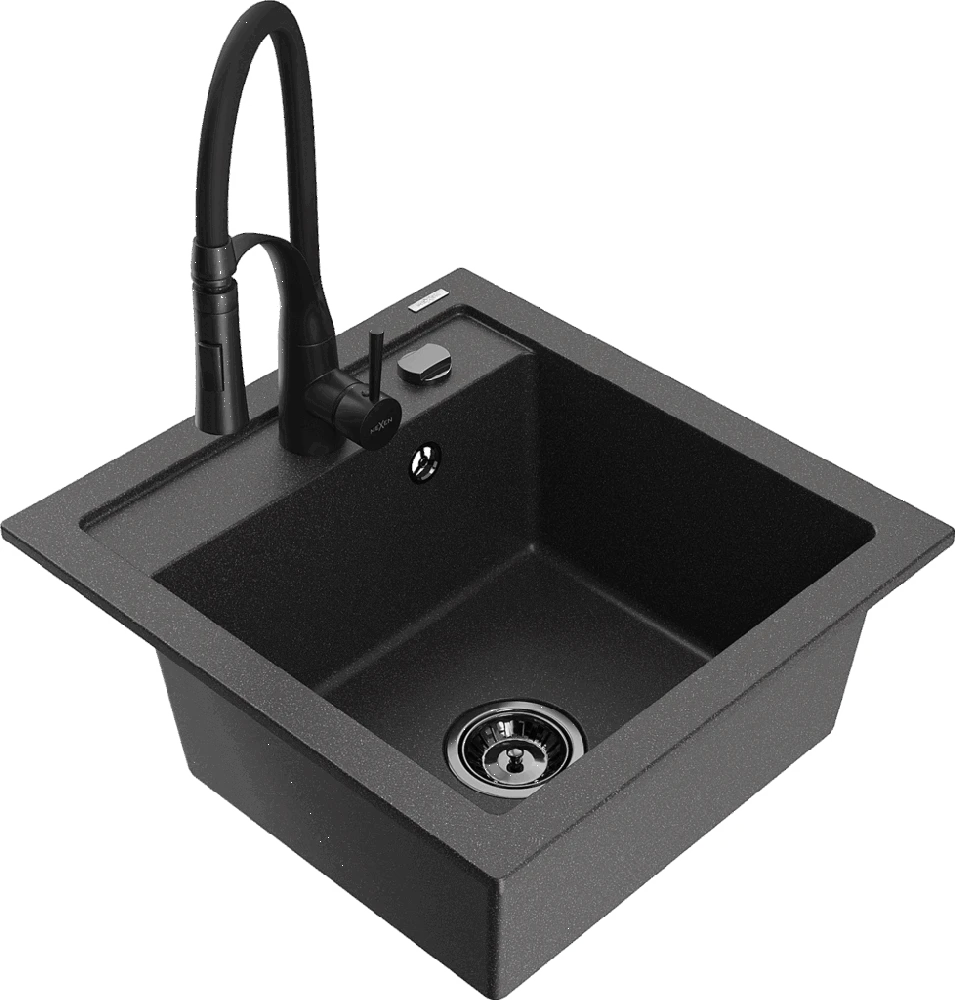 Granitinė virtuvinė plautuvė Mexen Vito su maišytuvu ir sifonu, Juodas granite+Juodas