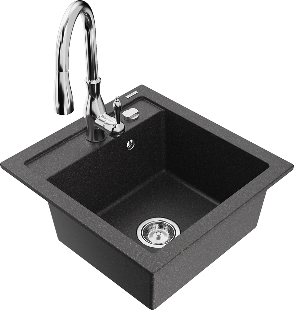 Granitinė virtuvinė plautuvė Mexen Vito su maišytuvu ir sifonu, Juodas granite+Chrome
