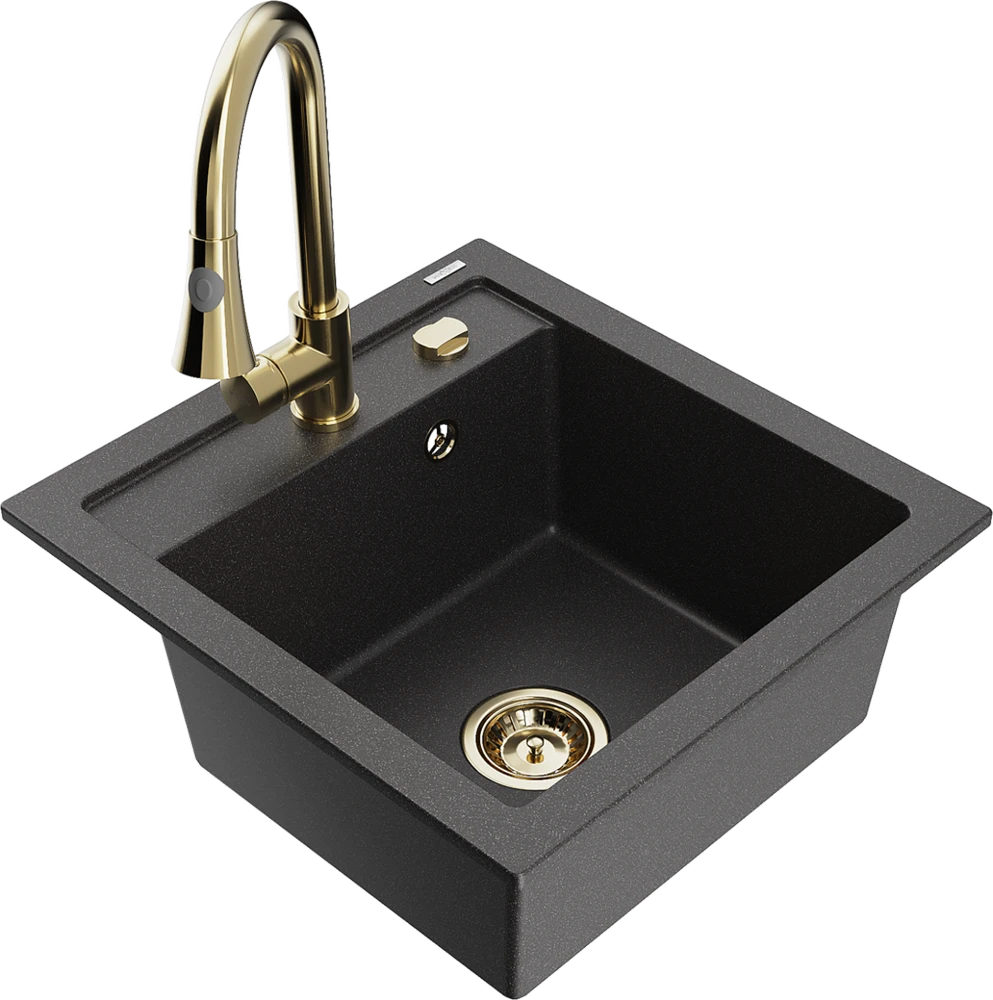 Granitinė virtuvinė plautuvė Mexen Vito su maišytuvu ir sifonu, Juodas granite+Gold