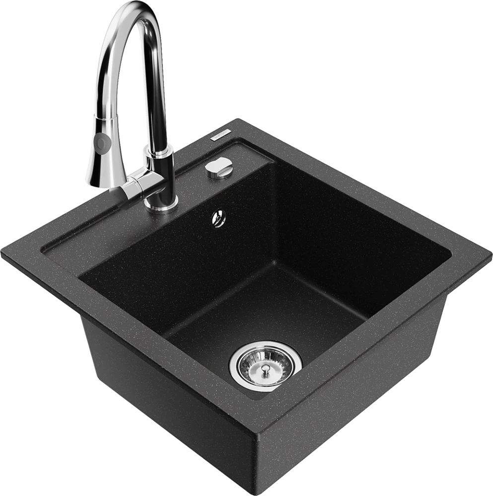 Granitinė virtuvinė plautuvė Mexen Vito su maišytuvu ir sifonu, Metallic juodas/sidabrinis+Chrome