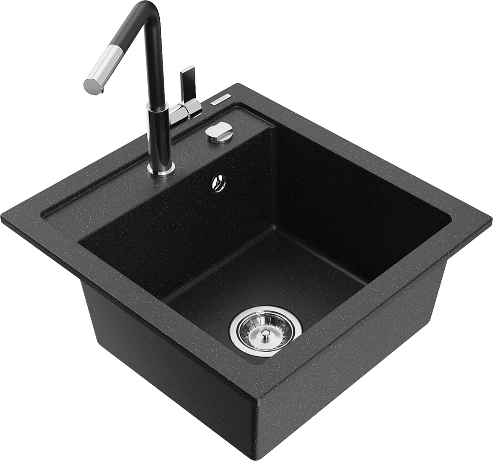 Granitinė virtuvinė plautuvė Mexen Vito su maišytuvu ir sifonu, Metallic juodas/sidabrinis+Juodas/Chrome