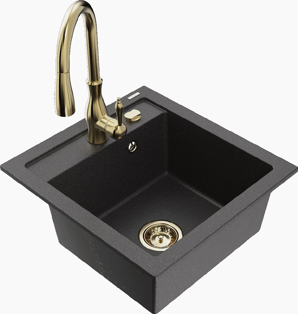 Granitinė virtuvinė plautuvė Mexen Vito su maišytuvu ir sifonu, Juodas granite+Gold