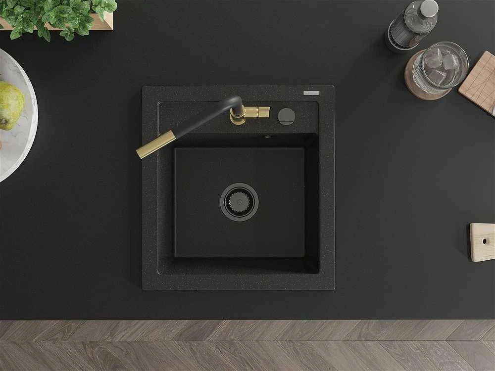 Granitinė virtuvinė plautuvė Mexen Vito su maišytuvu ir sifonu, Metallic juodas/sidabrinis+Juodas/Gold