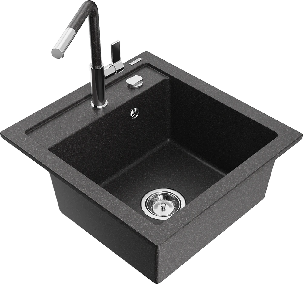 Granitinė virtuvinė plautuvė Mexen Vito su maišytuvu ir sifonu, Juodas granite+Juodas granite/Chrome