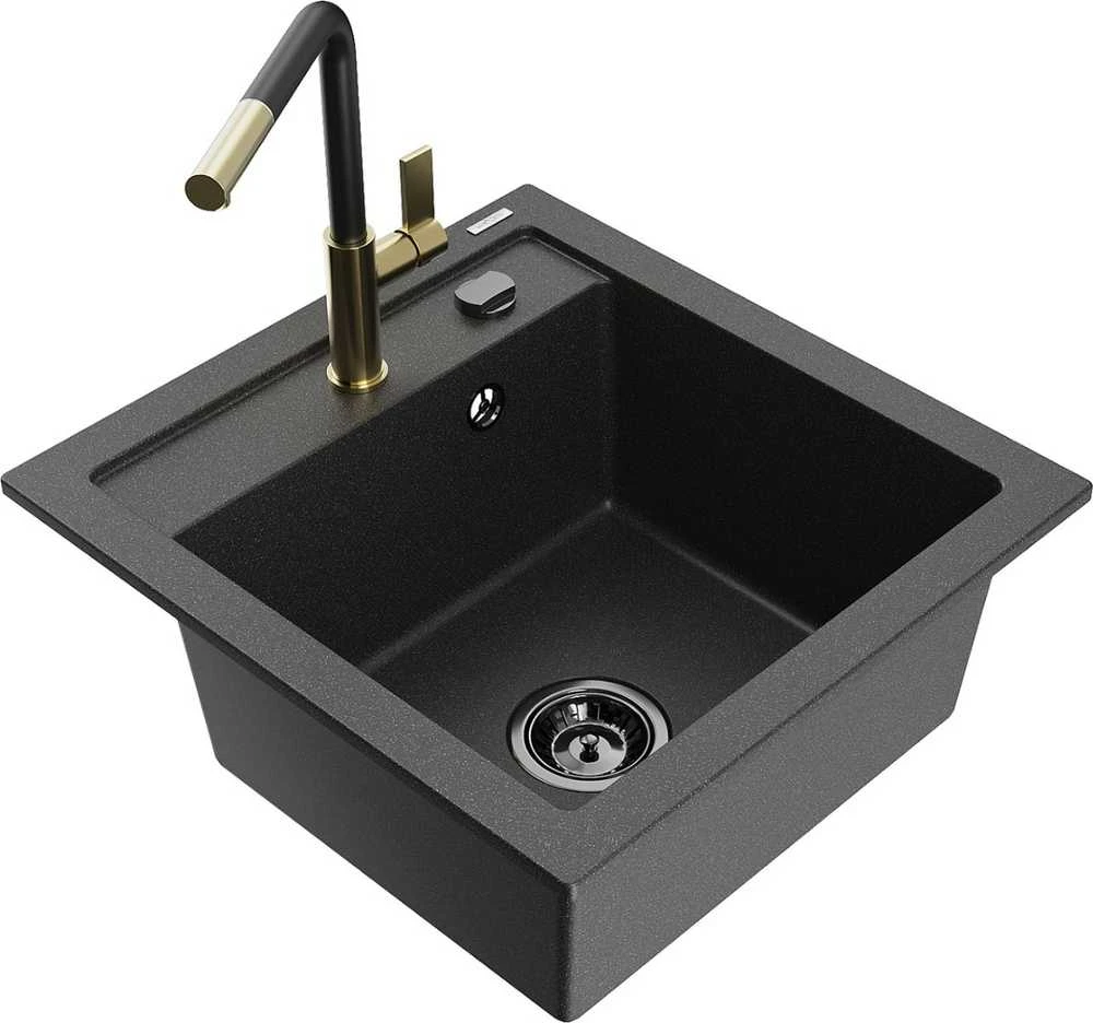 Granitinė virtuvinė plautuvė Mexen Vito su maišytuvu ir sifonu, Juodas granite+Juodas/Gold