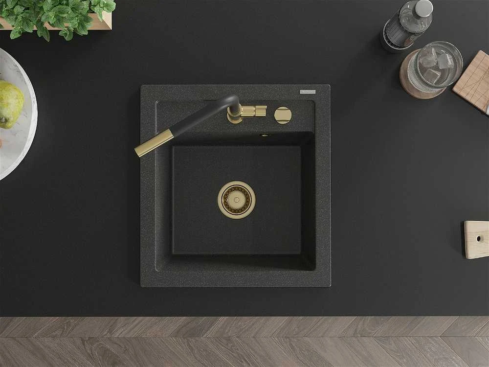 Granitinė virtuvinė plautuvė Mexen Vito su maišytuvu ir sifonu, Juodas granite+Juodas/Gold