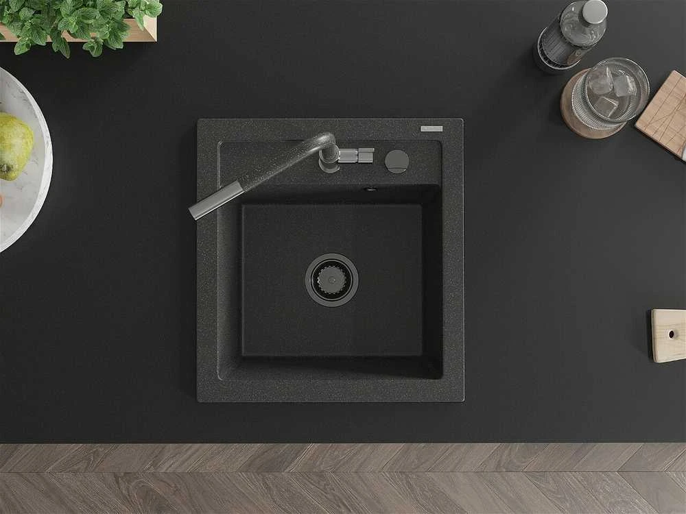 Granitinė virtuvinė plautuvė Mexen Vito su maišytuvu ir sifonu, Juodas granite+Juodas granite/Chrome