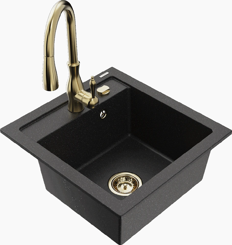 Granitinė virtuvinė plautuvė Mexen Vito su maišytuvu ir sifonu, Metallic juodas/sidabrinis+Gold