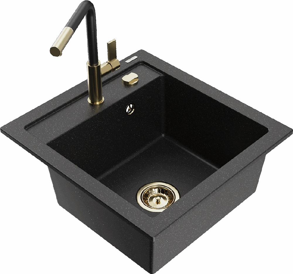 Granitinė virtuvinė plautuvė Mexen Vito su maišytuvu ir sifonu, Metallic juodas/sidabrinis+Juodas/Gold