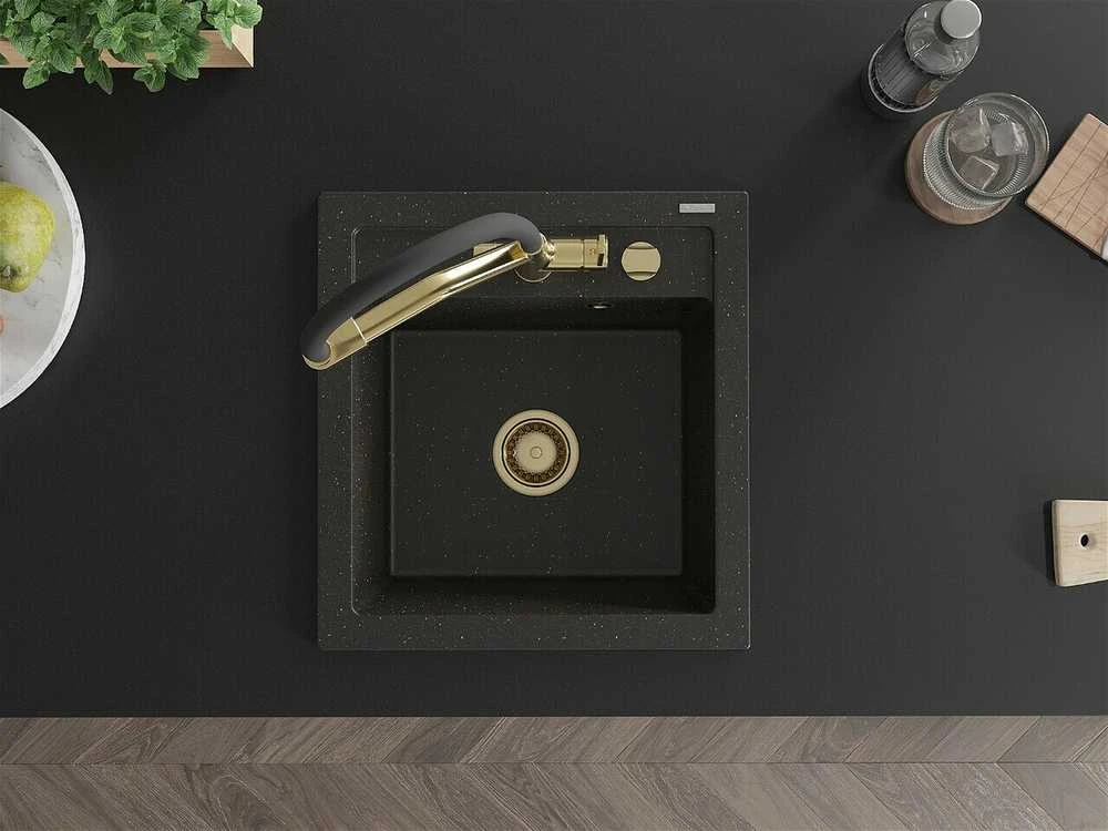 Granitinė virtuvinė plautuvė Mexen Vito su maišytuvu ir sifonu, Metallic juodas/auksinis+Juodas/Gold