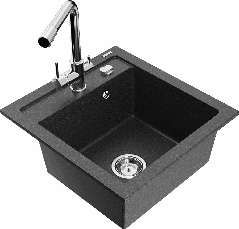 Granitinė virtuvinė plautuvė Mexen Vito su maišytuvu ir sifonu, Juodas granite+Chrome