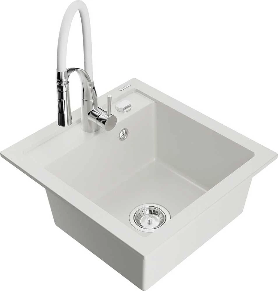 Granitinė virtuvinė plautuvė Mexen Vito su maišytuvu ir sifonu, Baltas+Baltas/Chrome