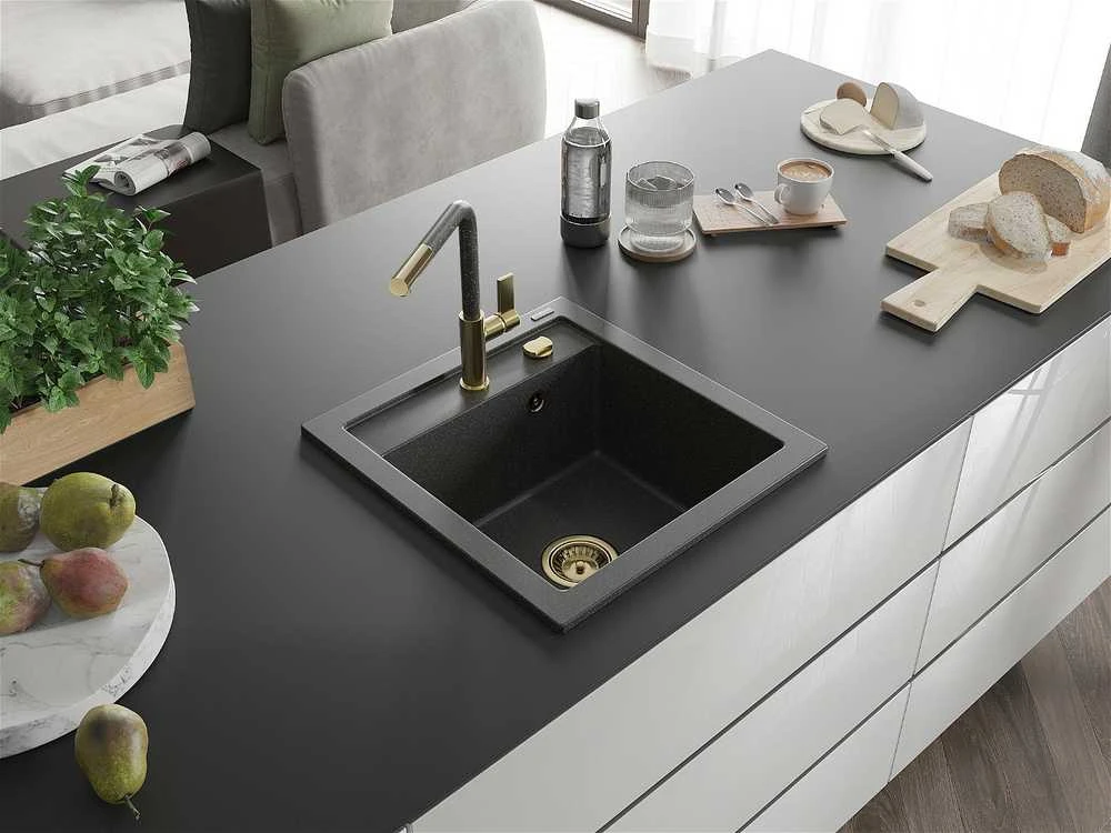 Granitinė virtuvinė plautuvė Mexen Vito su maišytuvu ir sifonu, Juodas granite+Juodas granite/Gold