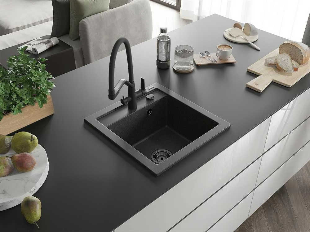Granitinė virtuvinė plautuvė Mexen Vito su maišytuvu ir sifonu, Juodas granite+Juodas