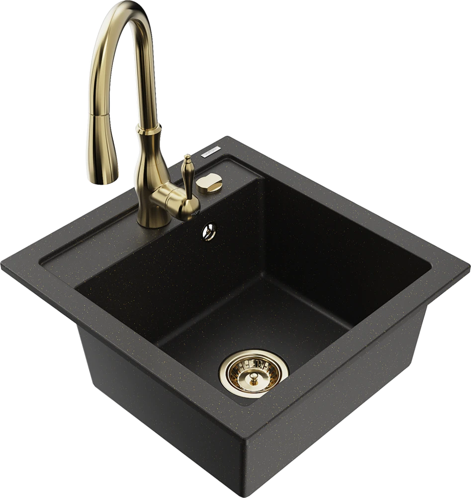 Granitinė virtuvinė plautuvė Mexen Vito su maišytuvu ir sifonu, Metallic juodas/auksinis+Gold