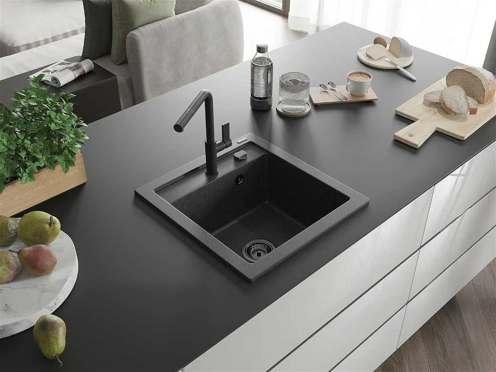 Granitinė virtuvinė plautuvė Mexen Vito su maišytuvu ir sifonu, Juodas granite+Juodas