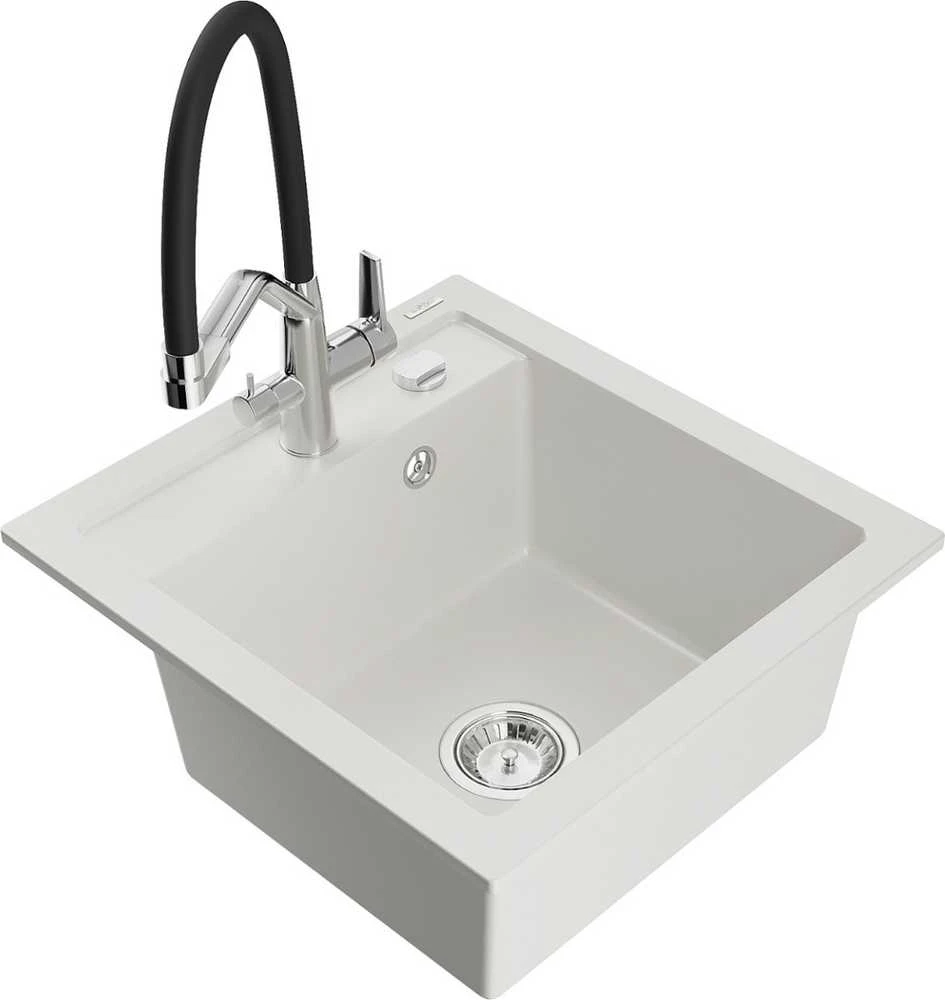 Granitinė virtuvinė plautuvė Mexen Vito su maišytuvu ir sifonu, Baltas+Juodas/Chrome