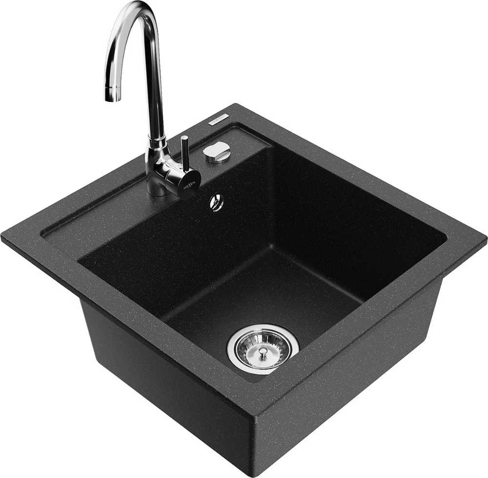 Granitinė virtuvinė plautuvė Mexen Vito su maišytuvu ir sifonu, Metallic juodas/sidabrinis+Chrome