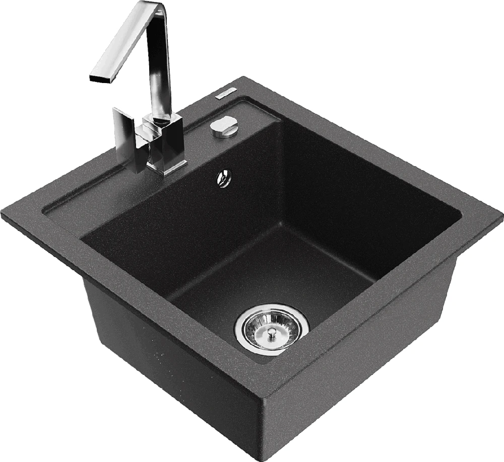 Granitinė virtuvinė plautuvė Mexen Vito su maišytuvu ir sifonu, Juodas granite+Chrome