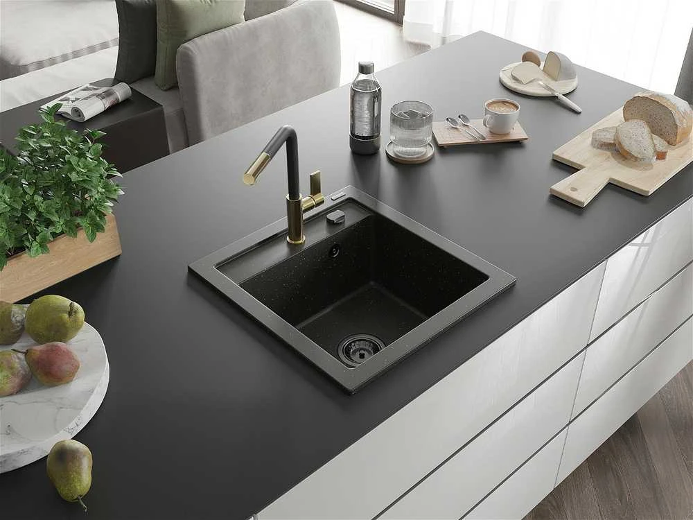 Granitinė virtuvinė plautuvė Mexen Vito su maišytuvu ir sifonu, Metallic juodas/auksinis+Juodas/Gold