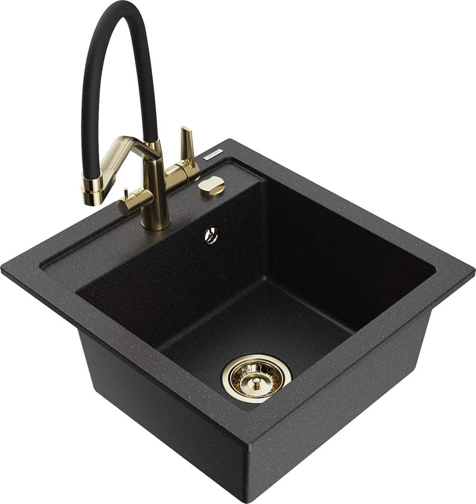 Granitinė virtuvinė plautuvė Mexen Vito su maišytuvu ir sifonu, Metallic juodas/sidabrinis+Juodas/Gold