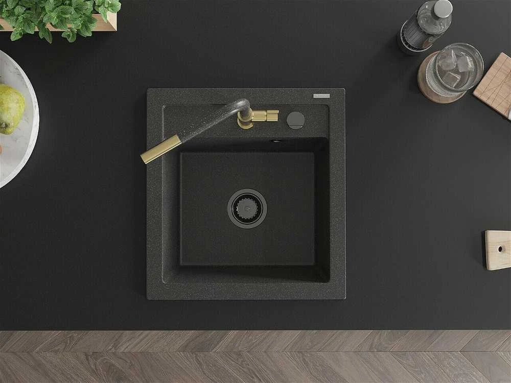Granitinė virtuvinė plautuvė Mexen Vito su maišytuvu ir sifonu, Juodas granite+Juodas granite/Gold